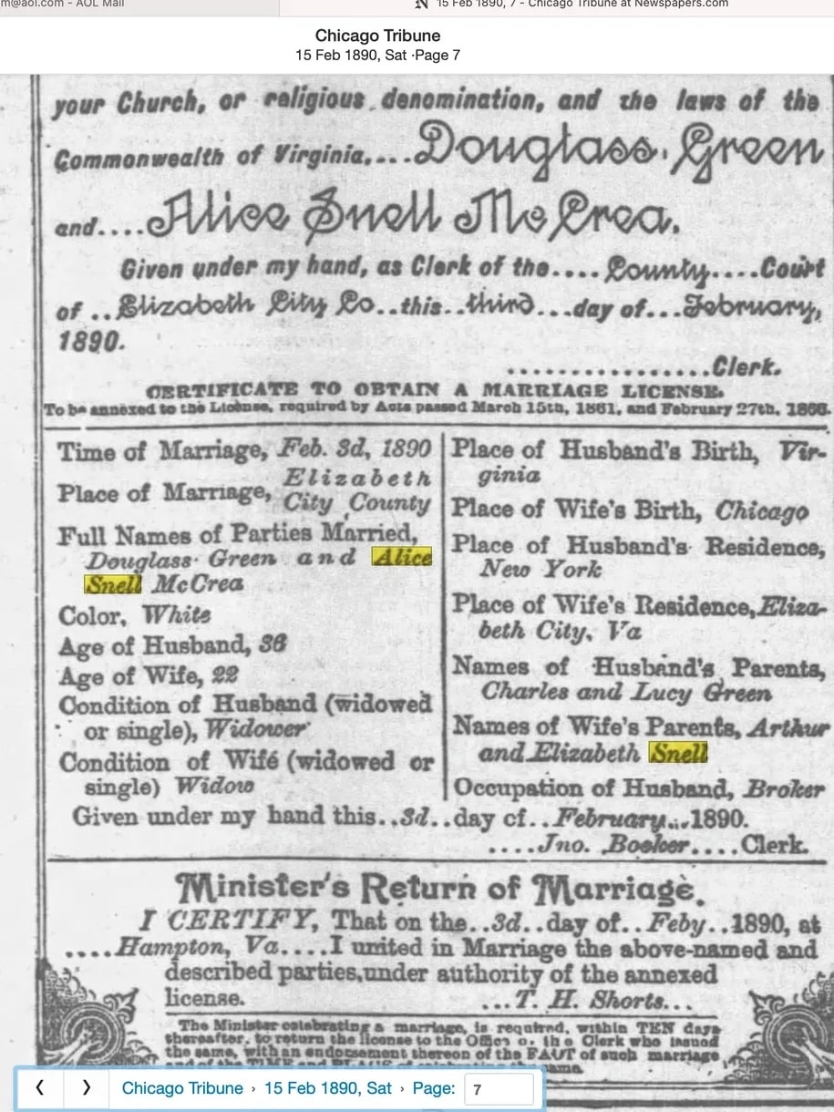 Newspaper sketch portrait of Douglas Green, second husband of Alice Snell McCrea, circa 1890