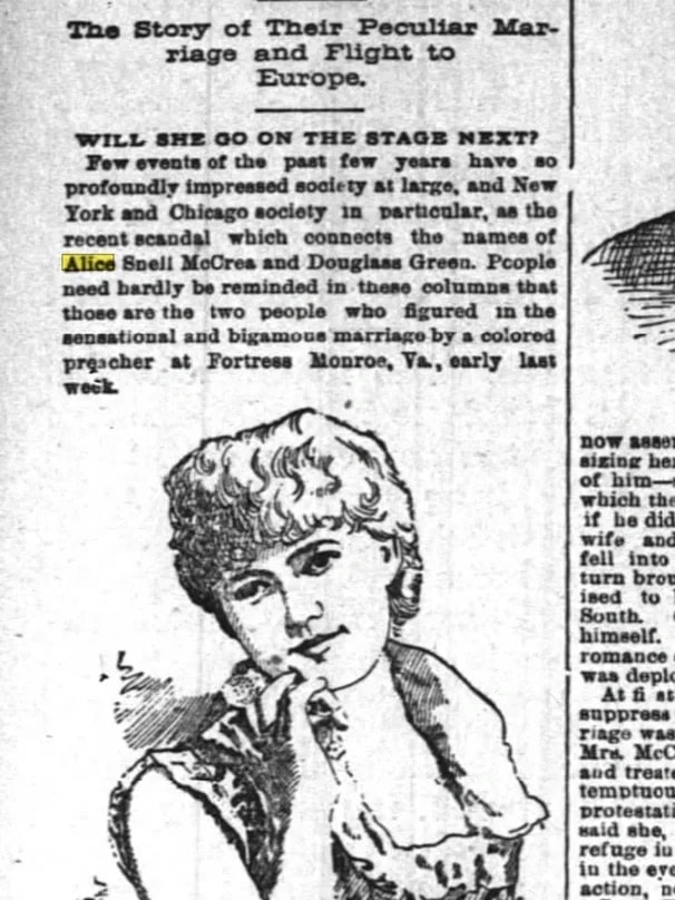 Newspaper clipping headlined 'The Story of Their Peculiar Marriage and Flight to Europe' about Alice Snell McCrea and Douglass Green's elopement, with a portrait sketch of Alice, circa 1890