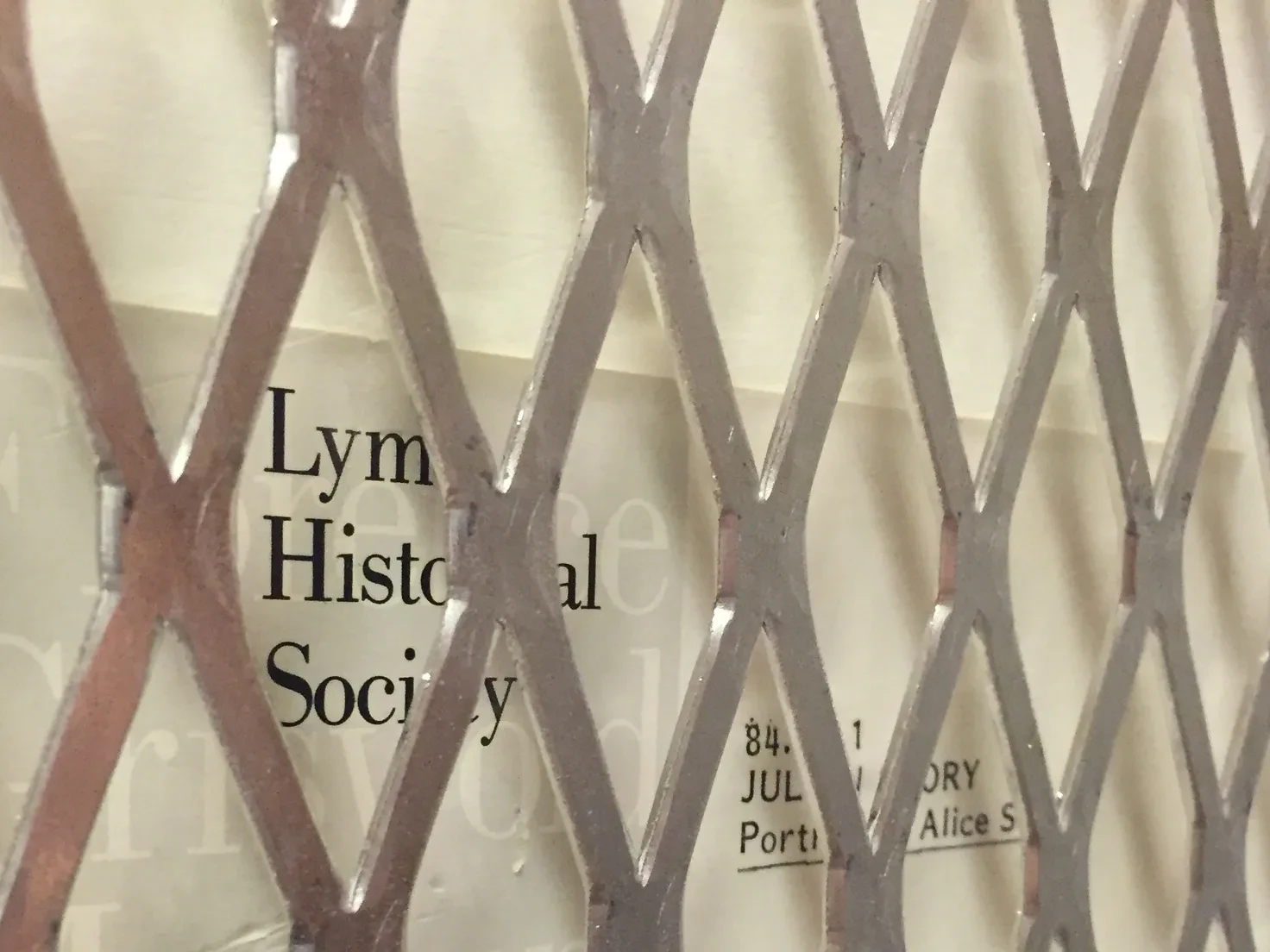 The Lyme Historical Society catalogue label visible through the security mesh, reading: 84.1 · Julian Story · Portrait of Alice S.