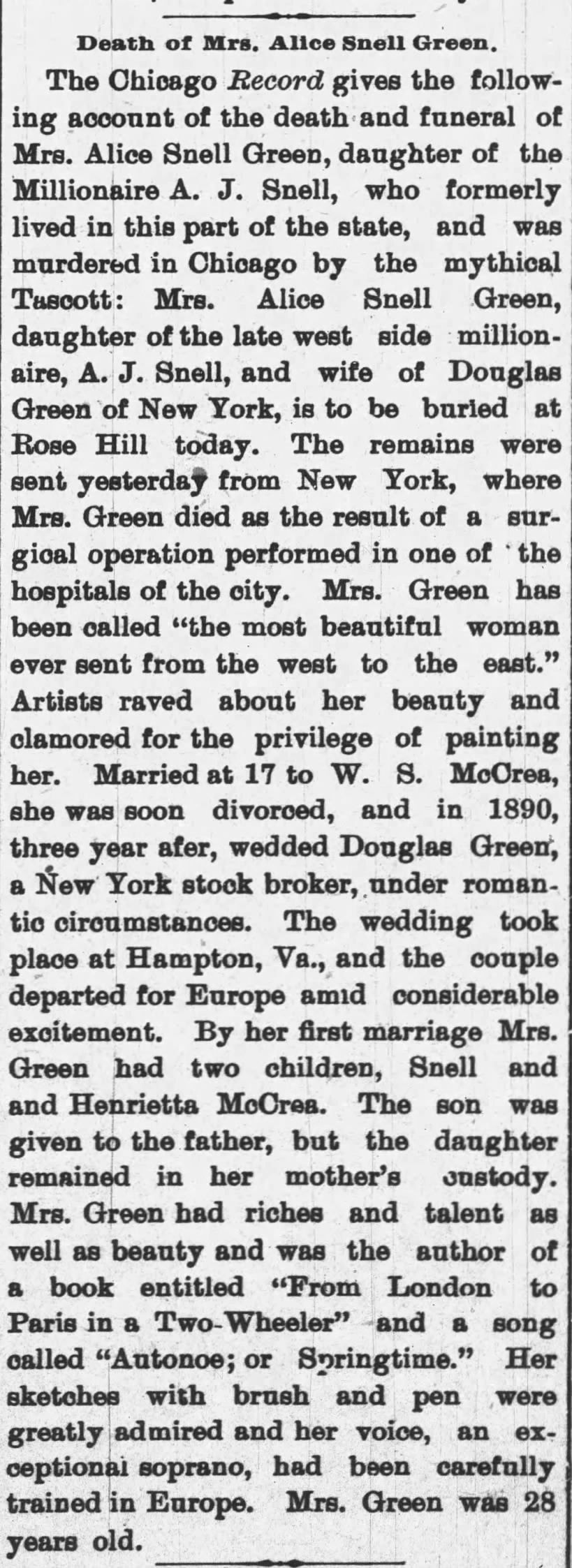 Obituary clipping for Mrs. Douglas Green (Alice Snell McCrea), 1898