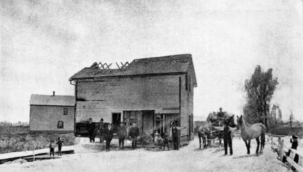 Period illustration of a Chicago plank road toll gate, circa 1880s